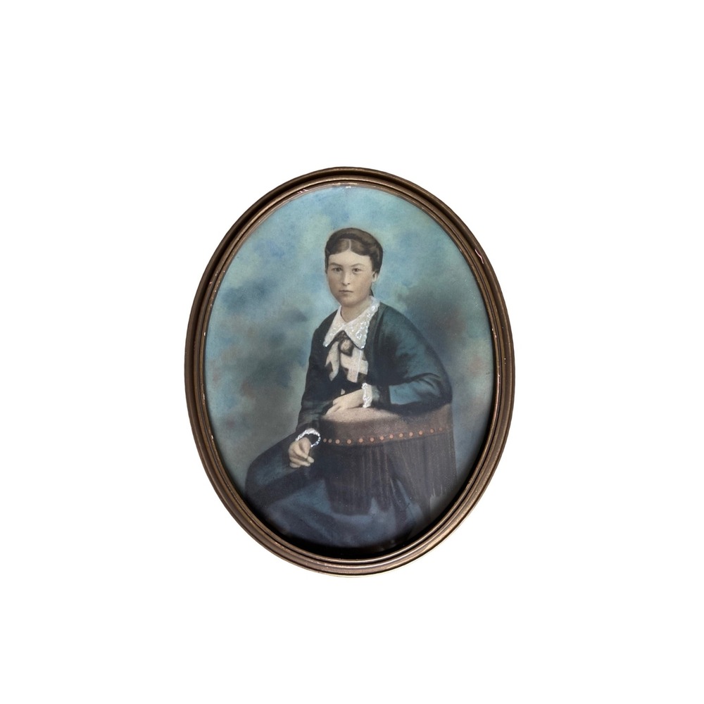 Antique Victorian Woman Portrait Hand Colored Photo Oval Bubble Glass Frame